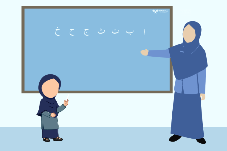 A teacher teaching a small child how to read basic Arabic alphabet in a Quran class